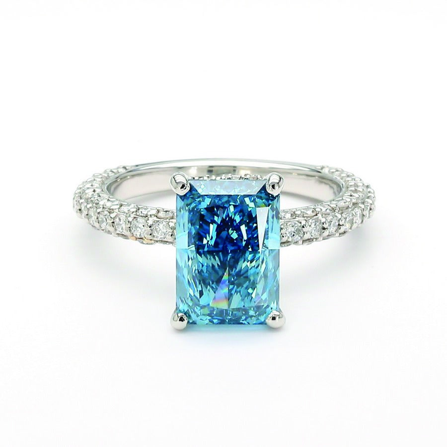 Blue Emerald Hidden Halo Pave Ring