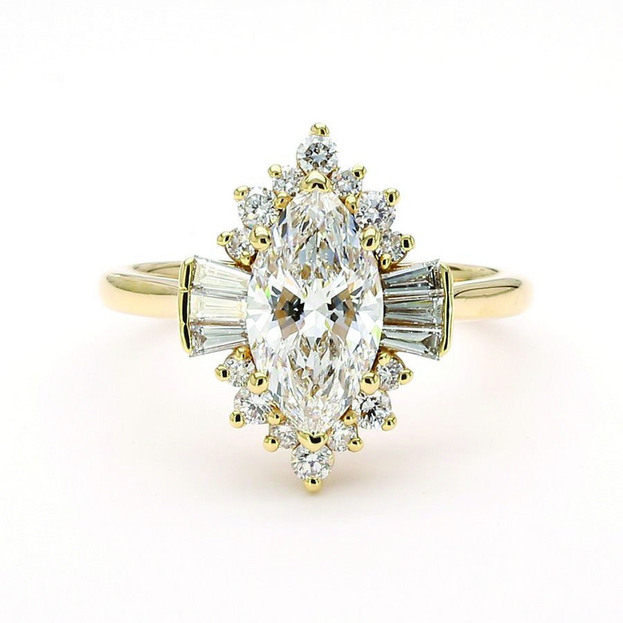 Emerald Ring with Marquise and Round Side Stones